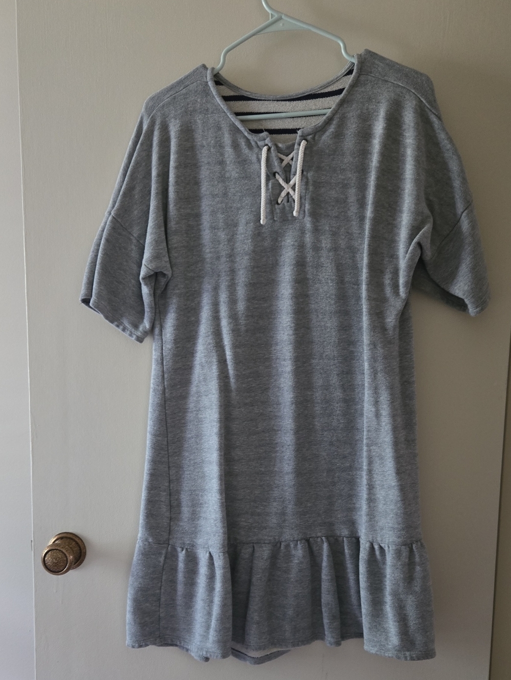 Casual Heather Gray Lace-Up Ruffle Hem Cotton Dress S